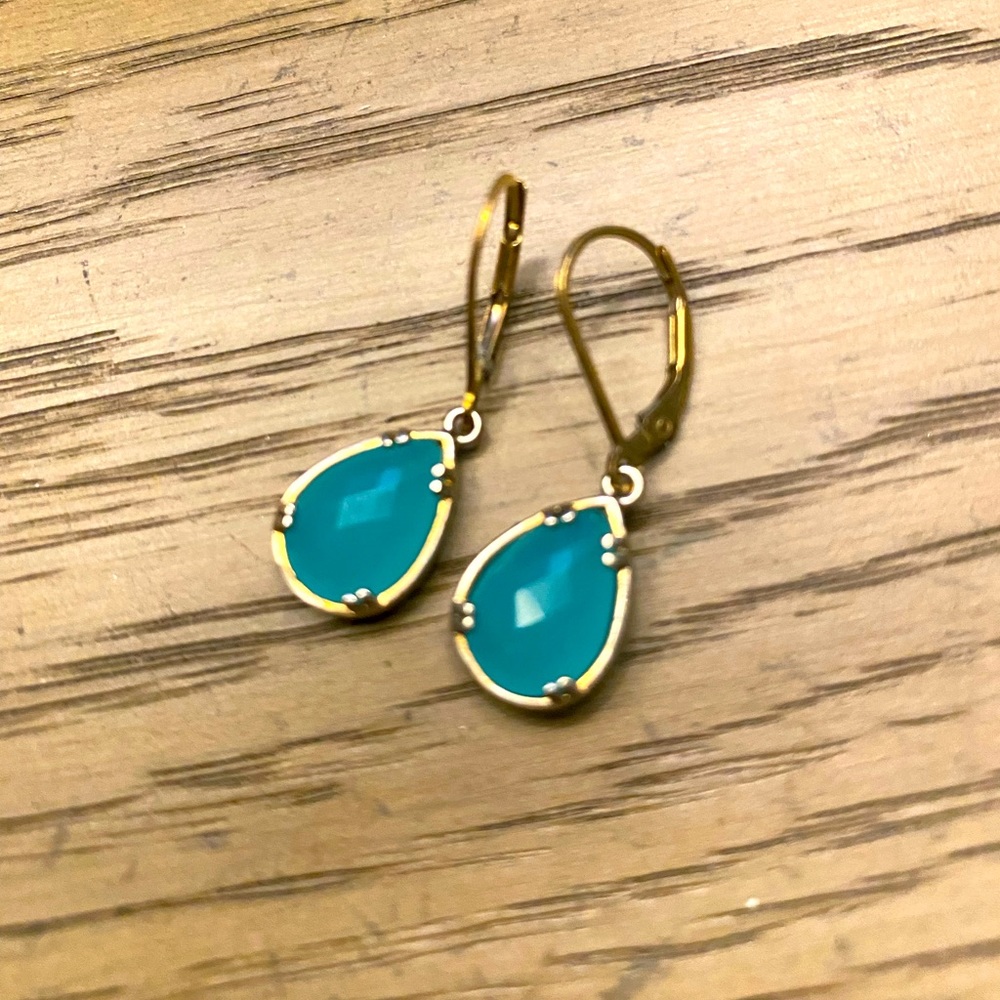 Blue Chalcedony Earrings, Aqua Blue Teardrop Earrings in Gold